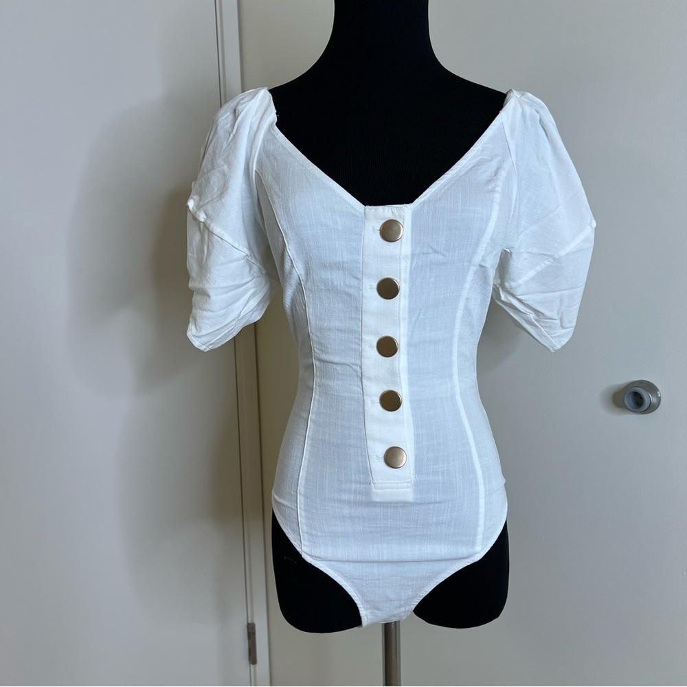 Free People White Puff Sleeve Gold Button Front Bodysuit XS